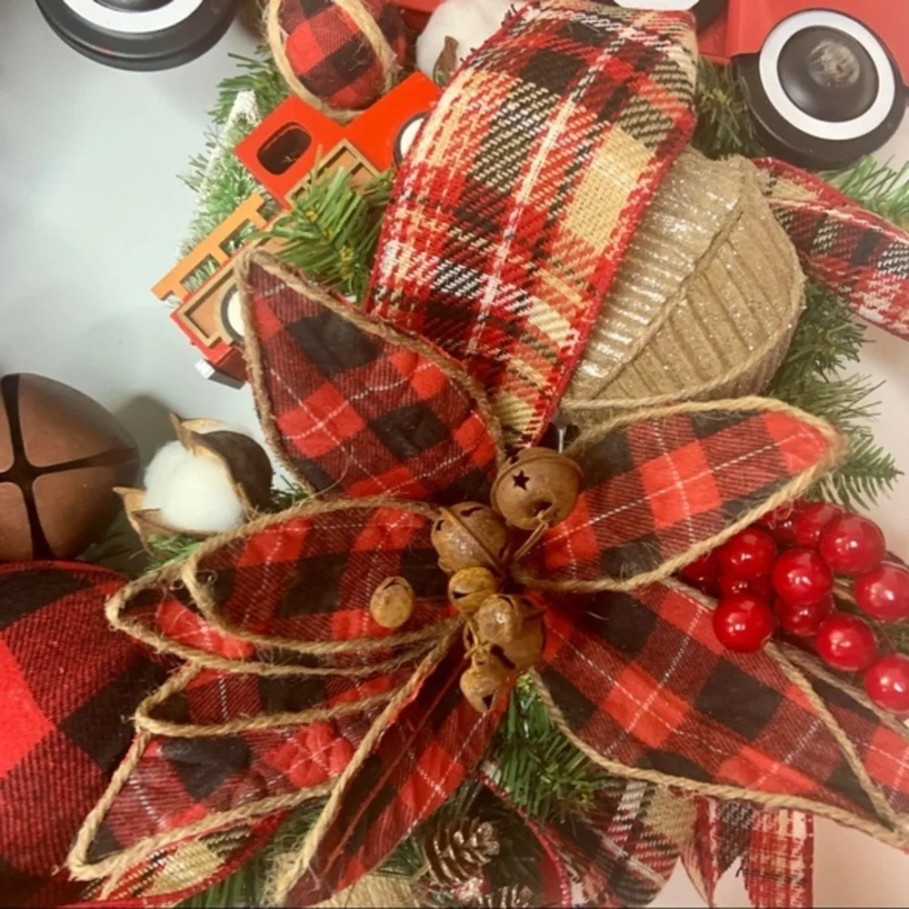 Christmas Red Truck Rustic Farmhouse Plaid Wreath